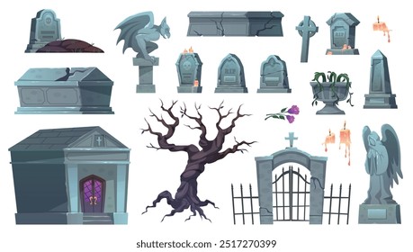 Old cemetery elements. Ancient gravestones, family crypt, stone gargoyle and cast iron fence with gates, dry creepy tree, halloween decorative elements, tidy vector isolated set