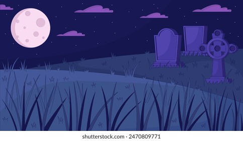 Old cemetery at full moon 2D cartoon background. Ancient gravestones on night meadow colorful aesthetic vector illustration, nobody. Forgotten tomb yard flat line wallpaper art, lofi image