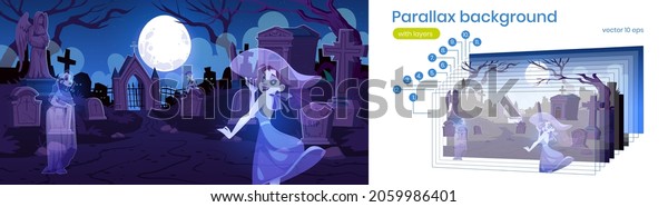 Old cemetery with ghosts, memorial tombstones,\
graves and crypts. Vector parallax background for 2d animation with\
cartoon night landscape with graveyard, moon in sky and spirits of\
dead people