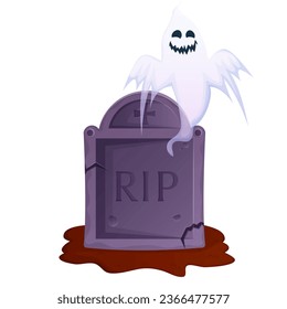 Old cemetery grave with flying ghost 