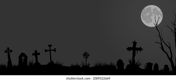 Old cemetery landscape in full moon night, Halloween background illustration vector.