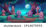 Old cemetery with memorial tombstones, graves for dead people. Vector cartoon night landscape with graveyard, green grass, trees and moon in sky. Spooky illustration for Halloween card