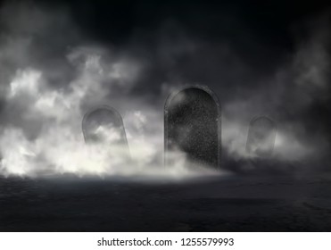 Old cemetery at night realistic vector with sloping gravestones covered thick fog in darkness illustration. Mysterious mist on graveyard. Creepy Halloween background with mystical scene in moonlight