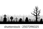 Old cemetery silhouette, abandoned graveyard in Halloween night, vector background. Scary spooky cemetery with graves and tree