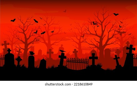 Old cemetery silhouette. Abandoned graveyard. Nightmare tombstone scary wallpaper, Halloween horror vector cover or background, creepy backdrop with graveyard crosses, bats and crows silhouettes