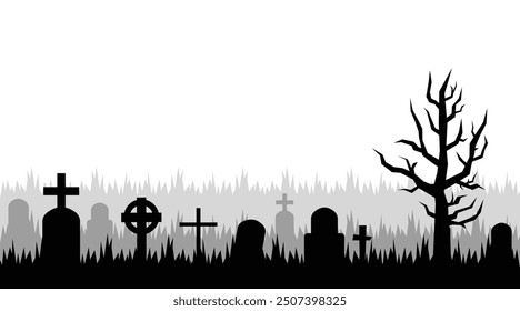 Old cemetery silhouette, abandoned graveyard in Halloween night, vector background. Scary spooky cemetery with graves and tree