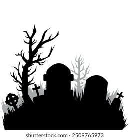 Old cemetery silhouette, abandoned graveyard in Halloween night, vector background. Scary spooky cemetery with graves and tree