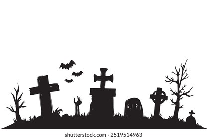 Old cemetery silhouette, abandoned graveyard in Halloween night, vector background. Scary spooky cemetery with graves and tree