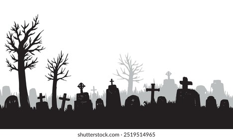 Old cemetery silhouette, abandoned graveyard in Halloween night, vector background. Scary spooky cemetery with graves and tree