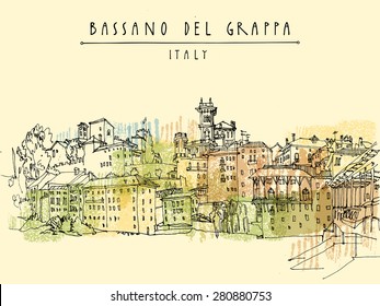 Old center in Bassano del Grappa, Vicenza province, Italy in vector. Italian historical buildings. Line art freehand drawing. Travel sketch, Bassano del Grappa Italy hand lettering. Postcard template