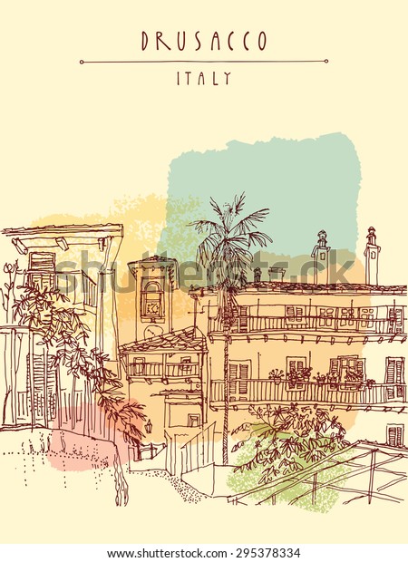 ヨーロッパ イタリア ドルサッコの古いセンター ヤシの木のある歴史的な建物 ラインアート ベクターイラスト フリー ハンド図 旅のスケッチ 手書き 観光用はがきポスターデザインテンプレート のベクター画像素材 ロイヤリティフリー