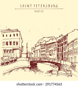 Old center of Saint Petersburg, Russia. Moika river and a bridge, historical classical buildings. Vector vintage illustration. Travel postcard, poster template in retro style with hand lettering