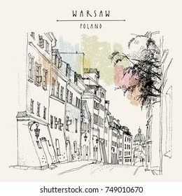 Old center of Warsaw. Street in historic old town. Vintage travel hand drawn postcard in vector