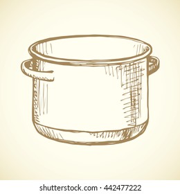 Old ceramic fryer isolated on white backdrop. Outline freehand ink hand drawn picture sketchy in art vintage scribble style pen on paper. View closeup with space for text