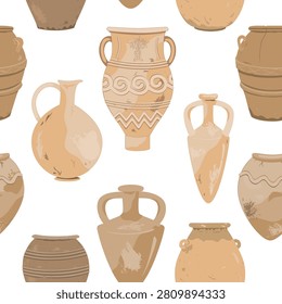 Old ceramic jugs and pots seamless pattern. Terracotta earthenware background. Hand drawn vector illustration