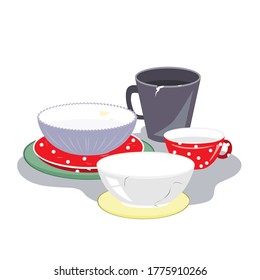 Old ceramic plates, mugs, and bowls of different shape and color on a white background, vector illustration. Different damaged useless tableware.
