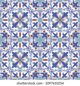 Old ceramic tile wall patterns texture. Colorful ethnic patterned background. Arabesque vector ornament.
Majolica, vintage ornaments on the antique tiles
