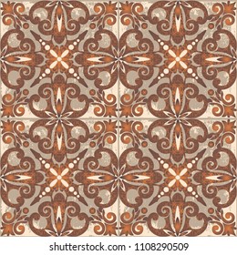 Old ceramic tile wall patterns texture. Colorful ethnic patterned background. Arabesque vector ornament. Majolica, vintage ornaments on the antique tiles