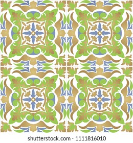 Old ceramic tile wall patterns texture. Colorful ethnic patterned background. Arabesque vector ornament.
Majolica, vintage ornaments on the antique tiles

