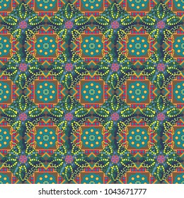 Old ceramic tile wall seamless pattern texture. Colorful ethnic patterned background in green, brown and blue colors. Arabesque vector ornament.