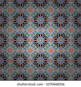 Old ceramic tile wall seamless pattern texture. Colorful ethnic patterned background in brown, blue and gray colors. Arabesque vector ornament.