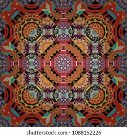 Old ceramic tile wall seamless pattern texture. Colorful ethnic patterned background in red, black and orange colors. Arabesque vector ornament.