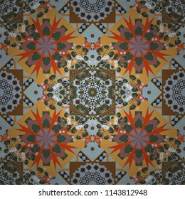 Old ceramic tile wall seamless pattern texture. Colorful ethnic patterned background in blue, orange and green colors. Arabesque vector ornament.