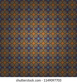 Old ceramic tile wall seamless pattern texture. Colorful ethnic patterned background in blue, brown and orange colors. Arabesque vector ornament.