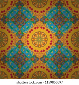 Old ceramic tile wall seamless pattern texture. Colorful ethnic patterned background in yellow, orange and blue colors. Arabesque vector ornament.
