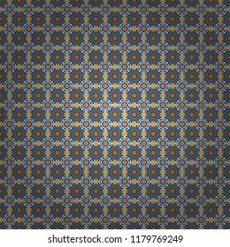Old ceramic tile wall seamless pattern texture. Colorful ethnic patterned background in black, gray and blue colors. Arabesque vector ornament.