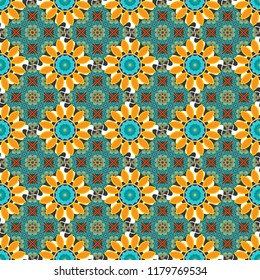 Old ceramic tile wall seamless pattern texture. Colorful ethnic patterned background in blue, orange and gray colors. Arabesque vector ornament.