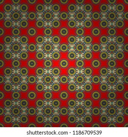 Old ceramic tile wall seamless pattern texture. Colorful ethnic patterned background in blue, red and yellow colors. Arabesque vector ornament.