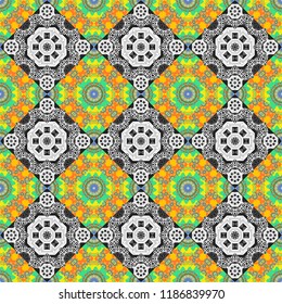 Old ceramic tile wall seamless pattern texture. Colorful ethnic patterned background in gray, yellow and white colors. Arabesque vector ornament.
