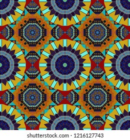 Old ceramic tile wall seamless pattern texture. Colorful ethnic patterned background in blue, brown and black colors. Arabesque vector ornament.