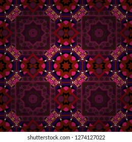 Old ceramic tile wall seamless pattern texture. Arabesque vector ornament. Colorful ethnic patterned background in red, brown and purple colors.