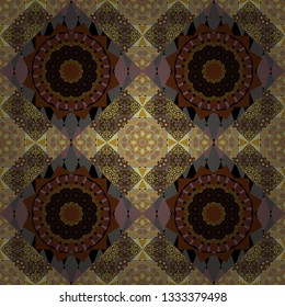 Old ceramic tile wall seamless pattern texture. Colorful ethnic patterned background in brown, gray and black colors. Arabesque vector ornament.
