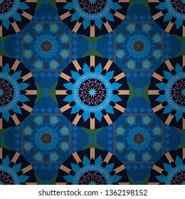 Old ceramic tile wall seamless pattern texture. Arabesque vector ornament. Colorful ethnic patterned background in black, blue and beige colors.