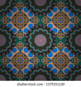 Old ceramic tile wall seamless pattern texture. Arabesque vector ornament. Colorful ethnic patterned background in blue, green and gray colors.