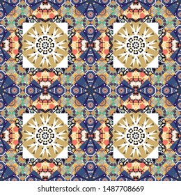 Old ceramic tile wall seamless pattern texture. Colorful ethnic patterned background in beige, gray and white colors. Arabesque vector ornament.