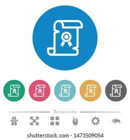 Old certificate flat white icons on round color backgrounds. 6 bonus icons included.