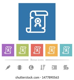 Old certificate flat white icons in square backgrounds. 6 bonus icons included.
