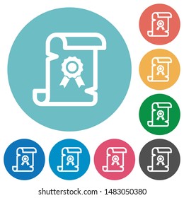 Old certificate flat white icons on round color backgrounds