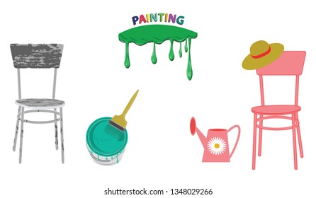 Old chair, can of paint with a brush, repainted pink chair with a straw hat and a watering can - icon Painting with flowing drops - isolated on white background - vector. Repair in the country.