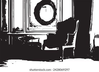 old chair and a mirror on the background of vintage wall