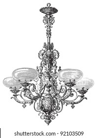 Old chandelier / vintage illustration from Meyers Konversations-Lexikon 1897