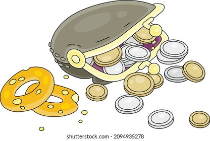 Old Change Purse With A Few Small Coins Of A Poor Old Pensioner, Vector Cartoon Illustration On A White Background