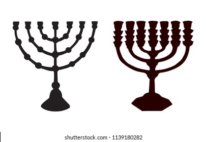 Old chanuka. Hanukka candelabrum. Dark ink hand drawn chanukkah logotype. Judaic hanukah in art etching style on white paper. Closeup chanukah view. Hanuka (hanukkiah, channukah, chanukiah) pictogram