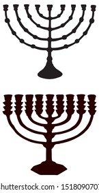 Old chanuka. Hanukka candelabrum. Dark ink hand drawn chanukkah logotype. Judaic hanukah in art etching style on white paper. Closeup chanukah view. Hanuka (hanukkiah, channukah, chanukiah) pictogram