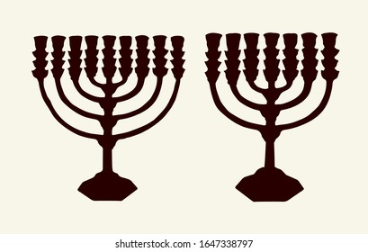Old chanuka. Hanukka candelabrum. Dark ink hand drawn chanukkah logotype. Judaic hanukah in art etching style on white paper. Closeup chanukah view. Hanuka (hanukkiah, channukah, chanukiah) pictogram