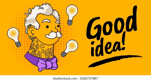 Old character. Idea, businessman, tattoo on hipster grandpa, senior salesman joy with bulb, lightbulb. Comic pop art, good hairstyle, tattoos and piercings, earrings and bow tie. Vector illustration